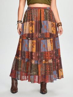 Multicolor Boho Collar  Knitted Fabric Patchwork,Tribal Flared,Layered/Tiered Embellished Slight Stretch  Women Plus Clothing Multicolor Long Skirt For Fall, Multicolor Lined Maxi Skirt For Fall, Fall Multicolor Lined Maxi Skirt, Multicolor Skirted Bottoms For Fall, Flowy Multicolor Skirt For Fall, Brown Patchwork Tiered Skirt, Punk Plus Size, Patchwork Aesthetic, Vintage Midi Skirt