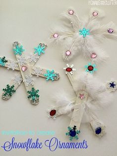 snowflakes and feathers are arranged on a white surface