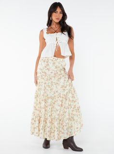 Floral maxi skirt  Tiered design, frill detailing throughout, wide elasticated waist band   Non-stretch material, fully lined  Cold machine wash   Main: 100% rayon, lining: 100% cotton Long Skirt Pleated, Flowy Long Skirt, Streetwear Skirt, Long Flowy Skirt, White Long Skirt, Party Outfits For Women, Skirt Y2k, Tiered Maxi Skirt, Skirt Pleated