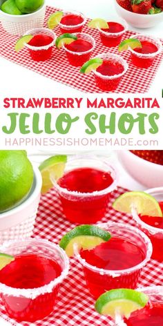 strawberry margarita jello shots with limes and strawberries on the table in front