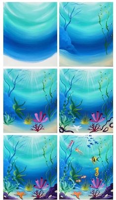 four different pictures of blue water with corals and seaweed on the bottom right