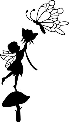 a black and white silhouette of a fairy holding a flower