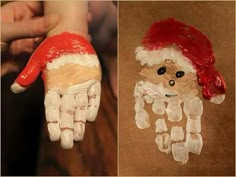 two pictures of handprints made to look like santa claus