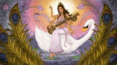 a woman sitting on top of a white swan with a guitar in her hand and peacock feathers around her