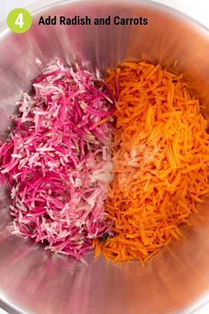 two different types of shredded carrots in a bowl with the words add radish and carrots