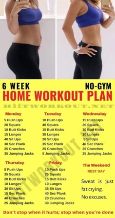 a woman in a blue top and black leggings with the words 6 week home workout plan