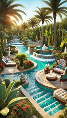 an outdoor pool surrounded by palm trees and water features lounge chairs that sit on top of a small waterfall