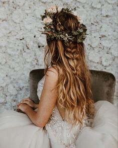 Boho wedding style dress and hair. Hair is half up half down with a braid and flower crown. Flower Crown Braid Hairstyle, Wedding Hair Half Up Half Down Braid With Flower Crown, Flower Crown With Braid, Half Up Half Down With Flower Crown, Bridesmaid Hair With Flower Crown, Boho Flower Crown Bride, Bridal Hairstyles With Flower Crown