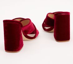 Red Mules Heels, Block Heels With Stacked Heel For Fall Party, Block Heels With Stacked Heel For Party In Fall, Fall Party Mules With Padded Heel, Stacked Heel Block Heels For Party In Fall, Chic Fall Party Block Heels, Chic Block Heels For Fall Party, Chic Fall Party Mules, Glamorous Block Heel Mules For Party