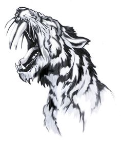 a black and white drawing of a tiger's head with it's mouth open