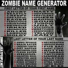 a zombie hand with the words zombie name generator written in red and black on it