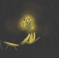 a person's hand holding a yellow flower in the night sky with stars above