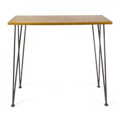 a wooden table with hairpin legs and a wood top on an isolated white background