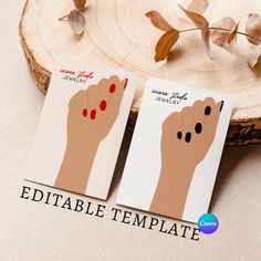 two cards with the words edible template on them next to a piece of wood and some leaves