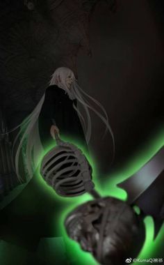 a person with long white hair holding a large metal object in their hand and glowing green light behind them