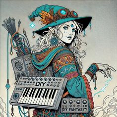 a drawing of a woman in a hat holding an electronic keyboard and wearing a costume