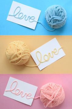 three balls of yarn with the word love written on them and one ball of yarn next to it