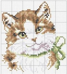 a cross stitch pattern with a cat on it's face and a flower in its mouth