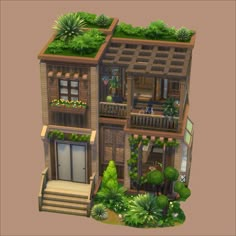 an image of a house with plants growing on the windows and balconies above it