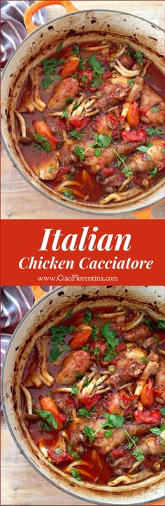 two pictures of chicken cacciator in a pan with the words italian on it