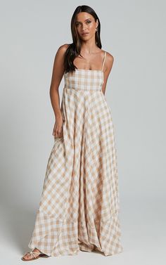 Katrien Maxi Dress - Strappy Empire Waist Flare Dress in Beige and White Check Temple And Webster, White Maxi Dress Casual, Straight Cut Dress, Cotton Sundress, Cut Dress, Empire Waist Dress, Feeling Confident, Straight Neckline, Midi Dress Sleeveless