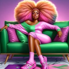 a painting of a woman sitting on a green couch with pink hair and bright shoes