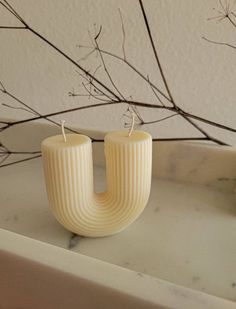 a white vase sitting on top of a table next to a branch filled with leaves