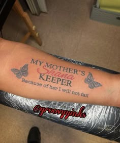 a woman with a tattoo on her arm that says, my mother's keeper because of her will not fail