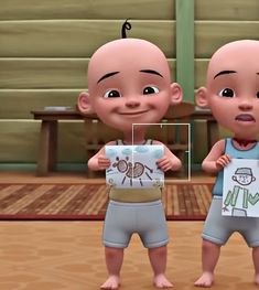 two cartoon babies standing next to each other in front of a wooden floor and wall