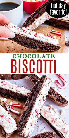 chocolate biscotti with white frosting and candy canes