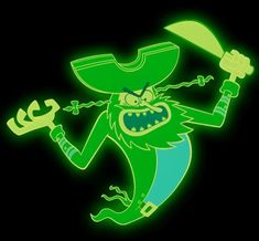 a green cartoon character with a pirate hat and eye patch holding a wrench in his right hand