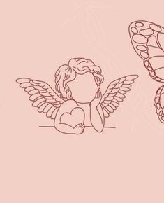 two drawings of angels with wings and hearts on them, one is holding a heart