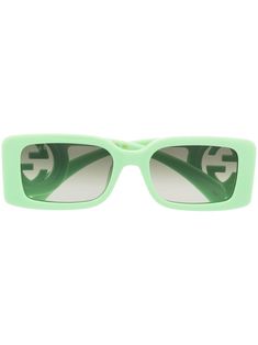 mint green acetate tonal design logo-engraved arm rectangle frame gradient-grey tinted lenses UV protection sculpted arms curved tips These glasses come with a protective case. Manolo Blahnik Hangisi Flats, Eyewear Logo, Green Gucci, Sculpted Arms, Manolo Blahnik Hangisi, Gucci Glasses, Trendy Glasses, Denim Shoulder Bags, Ballerina Shoes Flats