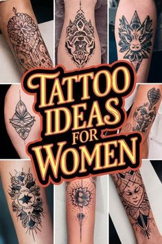 tattoos for women with different designs on their arms and legs, all in black and white