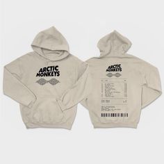 two sweatshirts with the words arctic monkeys printed on them, both in black and white