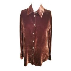 St. Michael by Marks & Spencer  Vintage Womens Silk Velvet Blend Button Down Shirt Chocolate brown color  Silk blend Sz 6 Fall Blouse With Covered Buttons And Spread Collar, Formal Button-up Blouse With Snap Buttons, Formal Button-up Top For Fall, Formal Snap Button Button-up Blouse, Formal Snap Button-up Blouse, Formal Brown Top With Button Closure, Formal Button-up Tops, Formal Fall Shirt With Buttons, Formal Collared Tops With Buttons