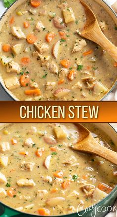 chicken stew in a pot with wooden spoons