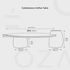 the coffee table is shown with measurements for each side, and features an oval shape