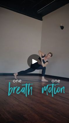 a woman is standing on one leg in a yoga pose with the words, one breath motion