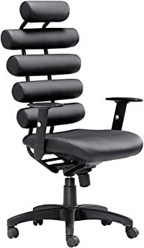 an office chair with black leather upholstered seat and back support, viewed from the front