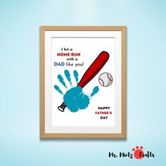 a baseball bat, ball and handprint on a blue background with the words happy father's day