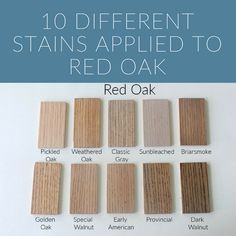 the different stains applied to red oak are shown in this image with text overlay