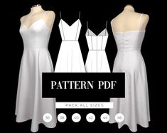 three white dresses on mannequins with the text pattern pdf pack all sizes