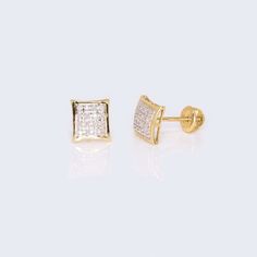 14K Yellow Gold Square Cushion Diamond Studs Earrings Luxury Diamond Earrings With Square Cut, Gold Square Earrings, Diamond Studs Earrings, Baby Earrings, Cushion Diamond, Studs Earrings, Elegant Earrings, 10k Gold, Diamond Earrings Studs