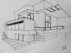 a drawing of a house that is in the process of being drawn by someone's hand