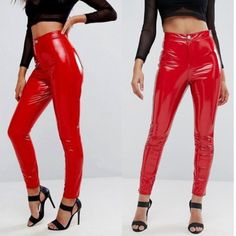 An Ultra-Sleek, Chic & Sexy Statement Pants! One Of Those Must-Have Separates That Will Make You Feel Like A Dangerous Woman! Comes In Glossy, Super-Smooth Vinyl (100% Polyurethane). Desinged With A Super High Rise Waist, Zip Fly With Button Fastening, Twin Back Pockets, Skinny Fit Down To The Leg, And Soft Lining That Creates A Barrier Between The Polyurethane And Helps Them Slide On And Off A Lot Easier. Very Comfy, Soft, And Surprisingly Versatile! It Will Look Equally Fabulous With A Sexy Crop Top And Boots For Edgy Chic As It Is With A Formal Blazer And Heels. Size 8. Approx Measurements: 28" Inseam, 12.5" Rise, 27.5" Waist. Nwt From A Smoke-Free Home. Red Leather Pants Going Out, Outfit Pantalon Rojo, Outfit Pantalon, Vinyl Trousers, Vinyl Pants, Zipper Leggings, Wet Look Leggings, Shiny Pants, Public Desire