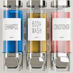 three different types of shampoos in clear containers with labels that say, body wash and conditioner