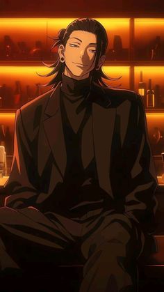 an anime character sitting in front of a bar with bottles on the shelves behind him