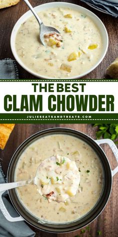 Easy to make this winter comfort food idea! The Best Clam Chowder recipe is so creamy, flavorful, and full of clams, bacon, and potatoes. Serve this homemade winter soup for a family-friendly dinner!