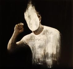 a painting of a man with white paint on his face and hands in the air